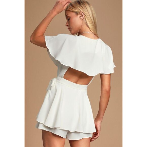 Lulus Aldrin White Ruffled Backless Wrap Skort Romper Wedding Bridal Size Small - Picture 2 of 7